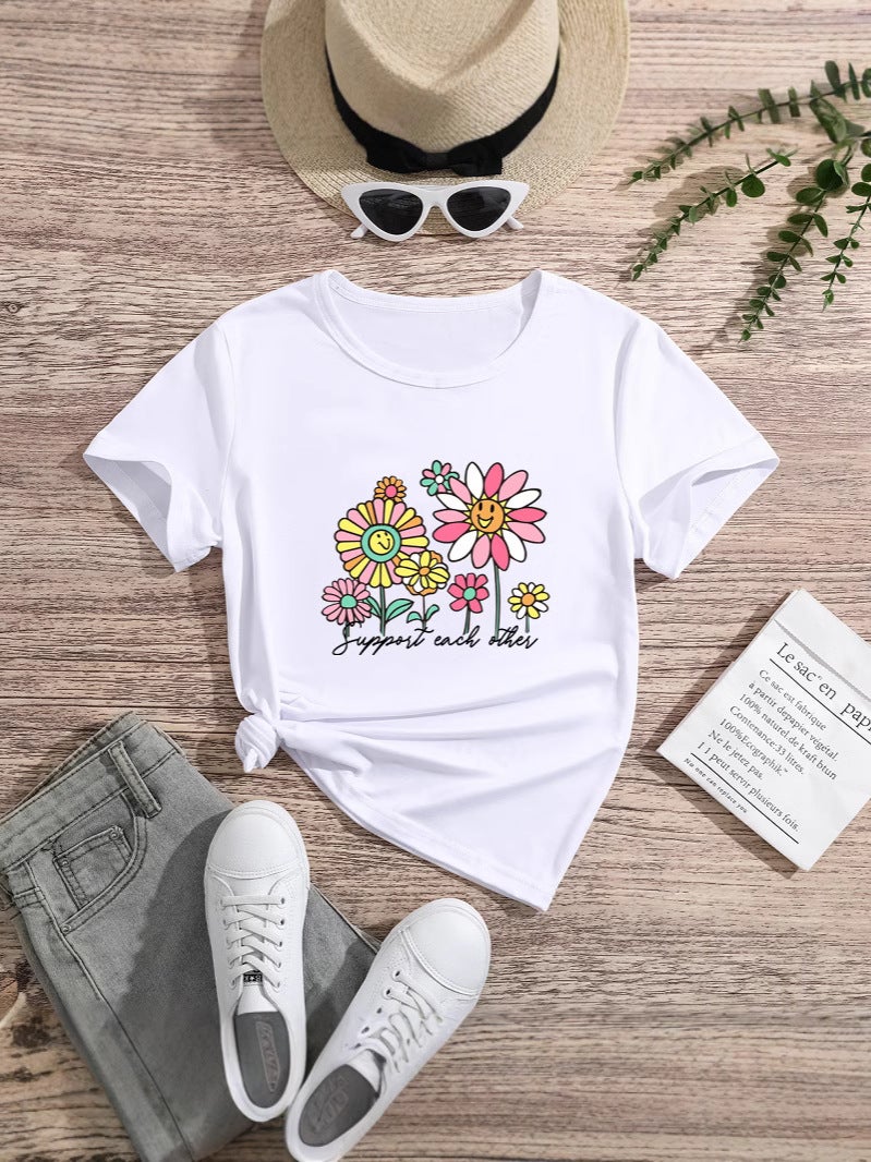 Children'S New Summer Short-Sleeved Top Casual Outer Wear T-Shirt Cotton Comfortable Supply Flower - Image 5