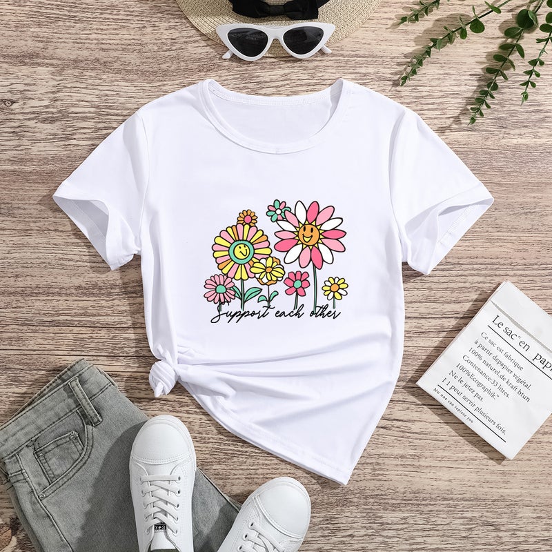Children'S New Summer Short-Sleeved Top Casual Outer Wear T-Shirt Cotton Comfortable Supply Flower - Image 1