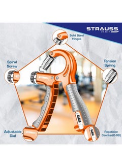 Strauss Adjustable Hand Grip with Counter | Adjustable Resistance (10KG - 60KG) | Hand Gripper for Home & Gym Workouts | Ideal for Forearm Hand Exercises & Strength Building for Men & Women,(Orange) - pzsku/ZE49614467C426E9AC313Z/45/_/1737806028/bb490067-df3b-44a4-84cb-d391298909d1