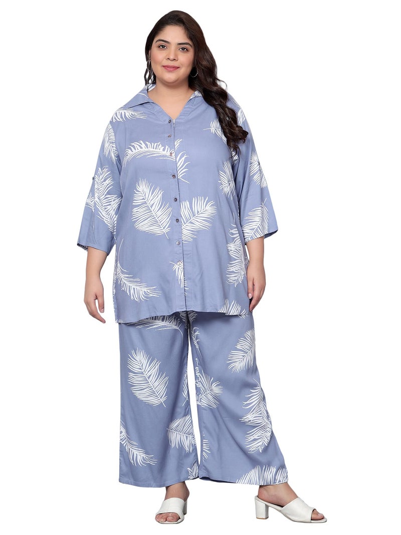 Indietoga Women's Plus Size Longline Shirt and Trouser Co-Ords Set (P10001452_Blue Printed_5XL) - Image 1