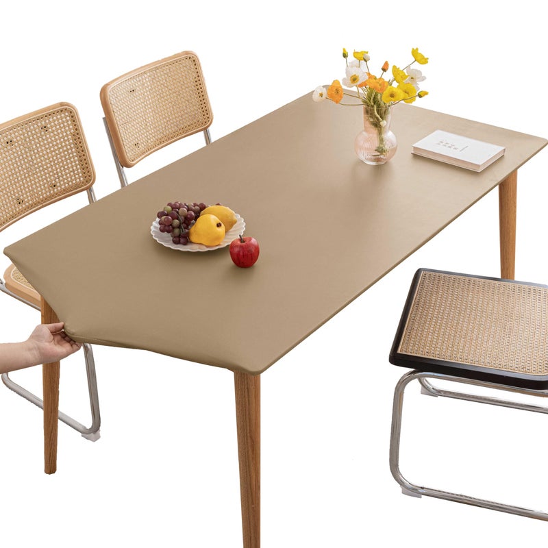 Huierxun PU Stretch Fitted Rectangle Tablecloth with Elastic Edge 35 x 55 Inch Waterproof Oil Proof Table Cloth Wipeable Table Cover for Indoor Outdoor Furniture Protect (Cream Coffee,35"x55") - Image 1