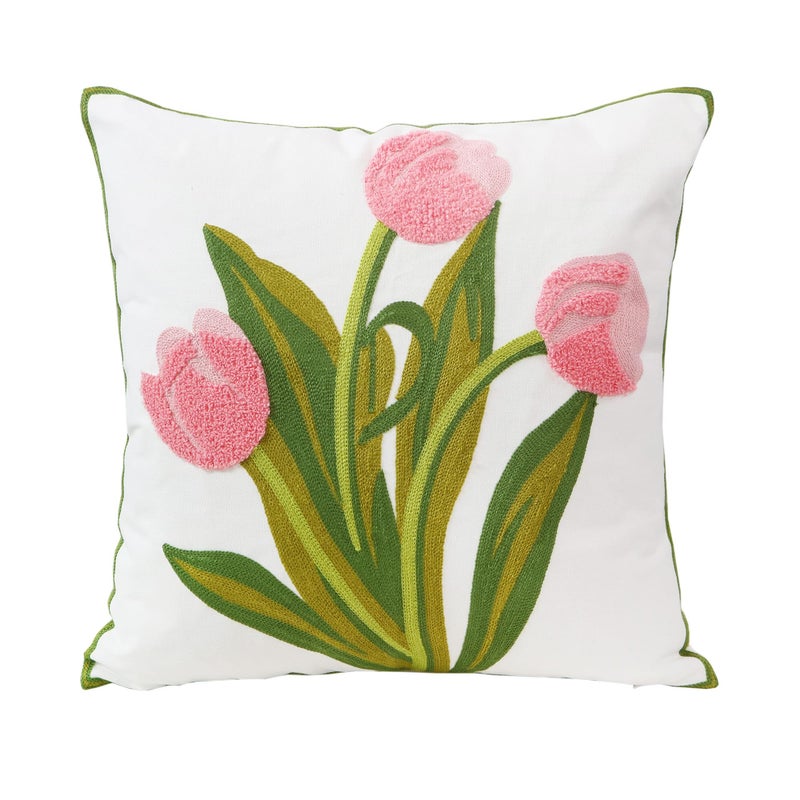 Hodeco Hodeco Embroidery Throw Pillow Cover 18x18 Home Decor Tulip Flower Loop Embroidered Floor Pillow Cover for Couch 100% Cotton Canvas Pillow Case Floral Cushion Cover 45x45cm  Pink Tulip  1 Piece  - Image 1