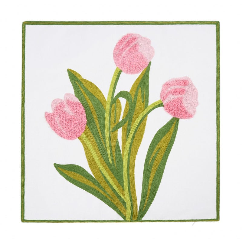 Hodeco Hodeco Embroidery Throw Pillow Cover 18x18 Home Decor Tulip Flower Loop Embroidered Floor Pillow Cover for Couch 100% Cotton Canvas Pillow Case Floral Cushion Cover 45x45cm  Pink Tulip  1 Piece  - Image 2