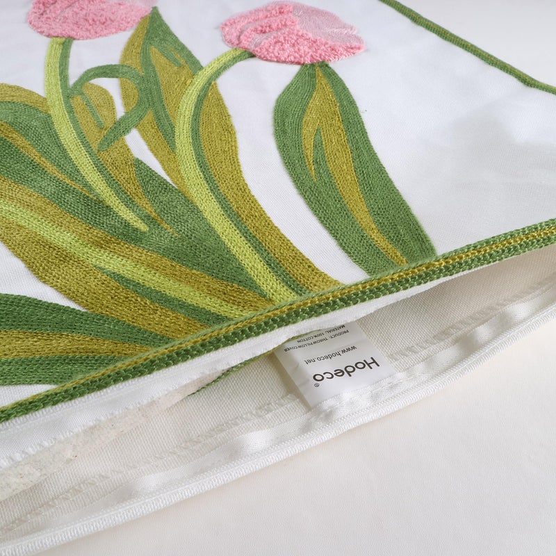 Hodeco Hodeco Embroidery Throw Pillow Cover 18x18 Home Decor Tulip Flower Loop Embroidered Floor Pillow Cover for Couch 100% Cotton Canvas Pillow Case Floral Cushion Cover 45x45cm  Pink Tulip  1 Piece  - Image 4