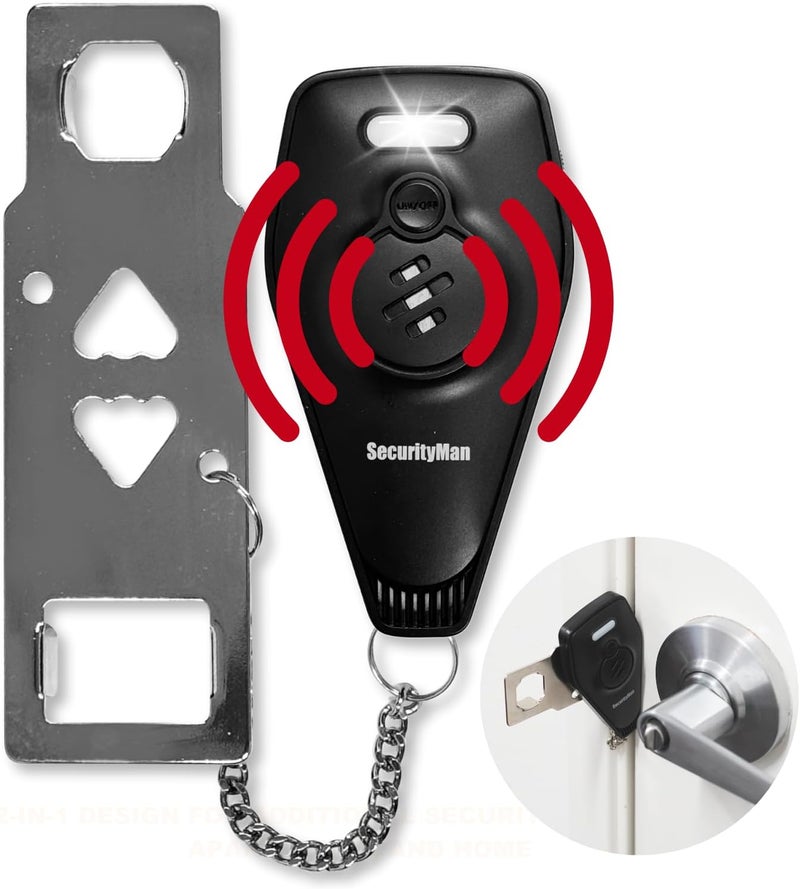 Security Man Portable Door Lock with Alarm | Hotel Door Locks for Travelers Security | Loud 130dB Door Security Device for Hotel Room, Apartment Home, & Travel Safety Inside for Women Children - Black - Image 1