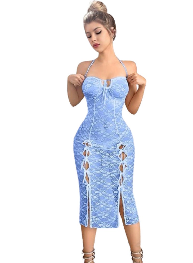 Women’s Lace Lingerie Midi Cut with Side Ties and Neck Strap - Image 1