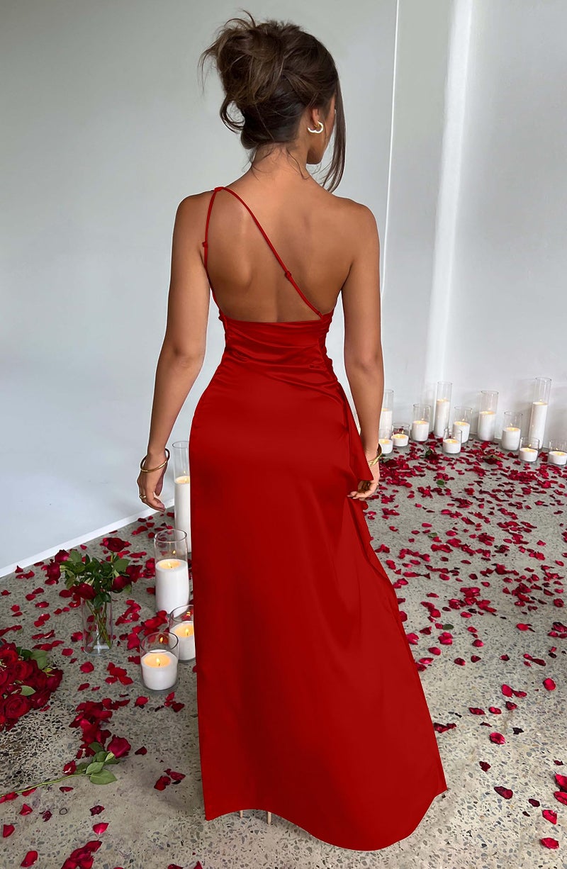 Memoriesea Women's Sexy One Shoulder Satin High Split Cocktail Wedding Party Maxi Dress Red - Image 5