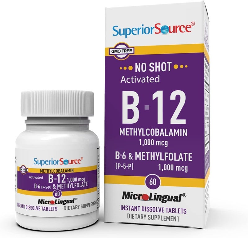 Superior Source No Shot Vitamin B12 Methylcobalamin 1000 mcg B6  Methylfolate 1000 mcg  Supports Energy Brain and Heart Health  Bariatric Friendly  60 Sublingual Dissolving Tablets - Image 1