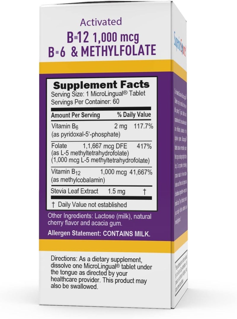 Superior Source No Shot Vitamin B12 Methylcobalamin 1000 mcg B6  Methylfolate 1000 mcg  Supports Energy Brain and Heart Health  Bariatric Friendly  60 Sublingual Dissolving Tablets - Image 4
