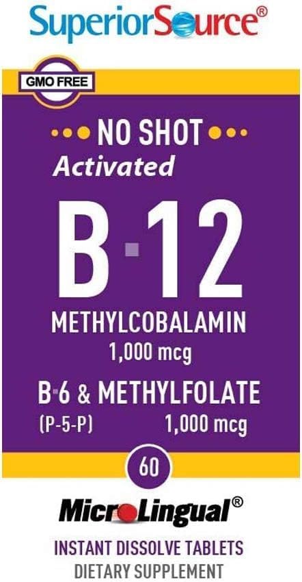 Superior Source No Shot Vitamin B12 Methylcobalamin 1000 mcg B6  Methylfolate 1000 mcg  Supports Energy Brain and Heart Health  Bariatric Friendly  60 Sublingual Dissolving Tablets - Image 5