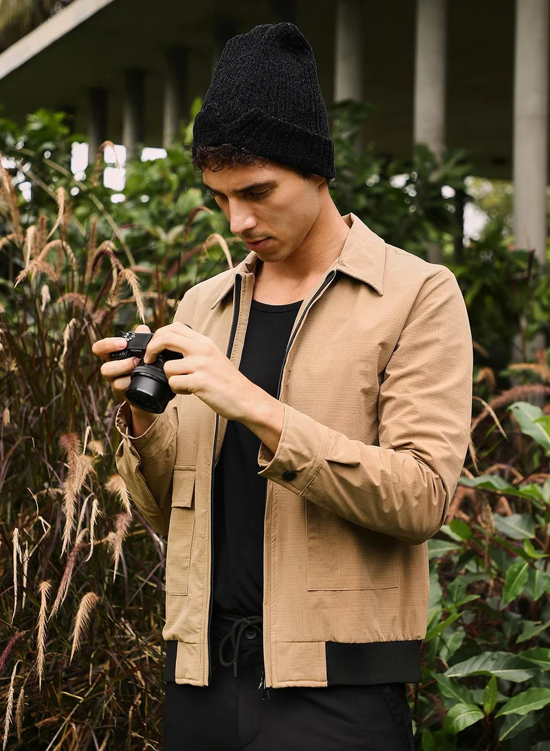 Men Zip-Front Geometric-Jacquard Jacket | ,   |  ,  Hem |  Jacquard | Woven Fabric For  Wear | Camel Beige