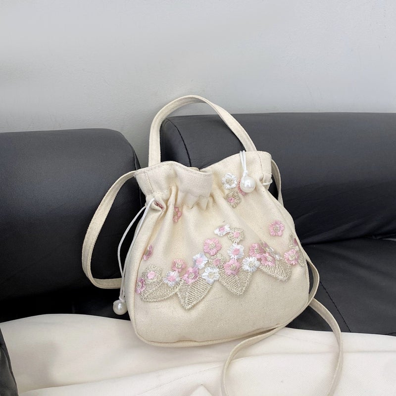 Chinese Style Ancient Han Dynasty Accessories Bag Handmade Lace Embroidered Fabric One-Shoulder Cross-Body Handbag Bucket Bag - Image 1