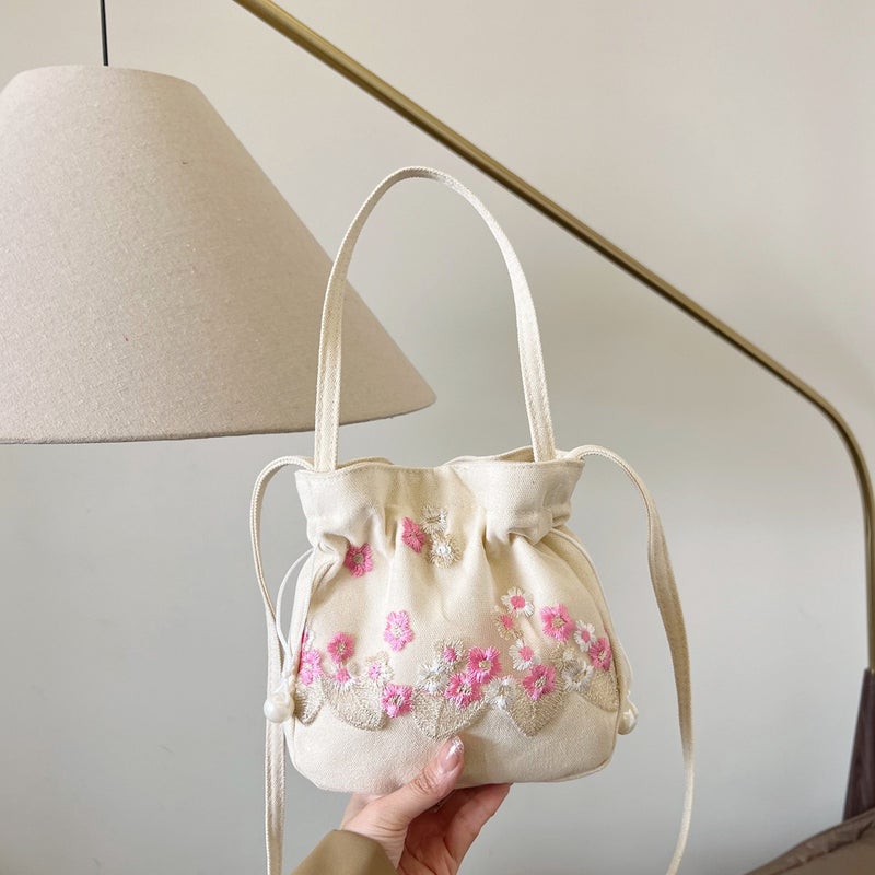 Chinese Style Ancient Han Dynasty Accessories Bag Handmade Lace Embroidered Fabric One-Shoulder Cross-Body Handbag Bucket Bag - Image 2