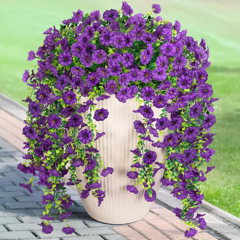 Hrobek Artificial Hanging Petunias Flowers for Outdoor, 2pcs Fake Plants Long Vine Morning Glory Eucalyptus, UV Resistant Realistic Faux Greenery Outside Patio Porch Garden Spring Summer Decor, Dark Purple - Image 1