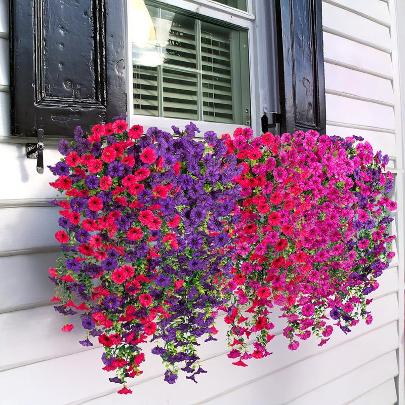 Hrobek Artificial Hanging Petunias Flowers for Outdoor, 2pcs Fake Plants Long Vine Morning Glory Eucalyptus, UV Resistant Realistic Faux Greenery Outside Patio Porch Garden Spring Summer Decor, Dark Purple - Image 4