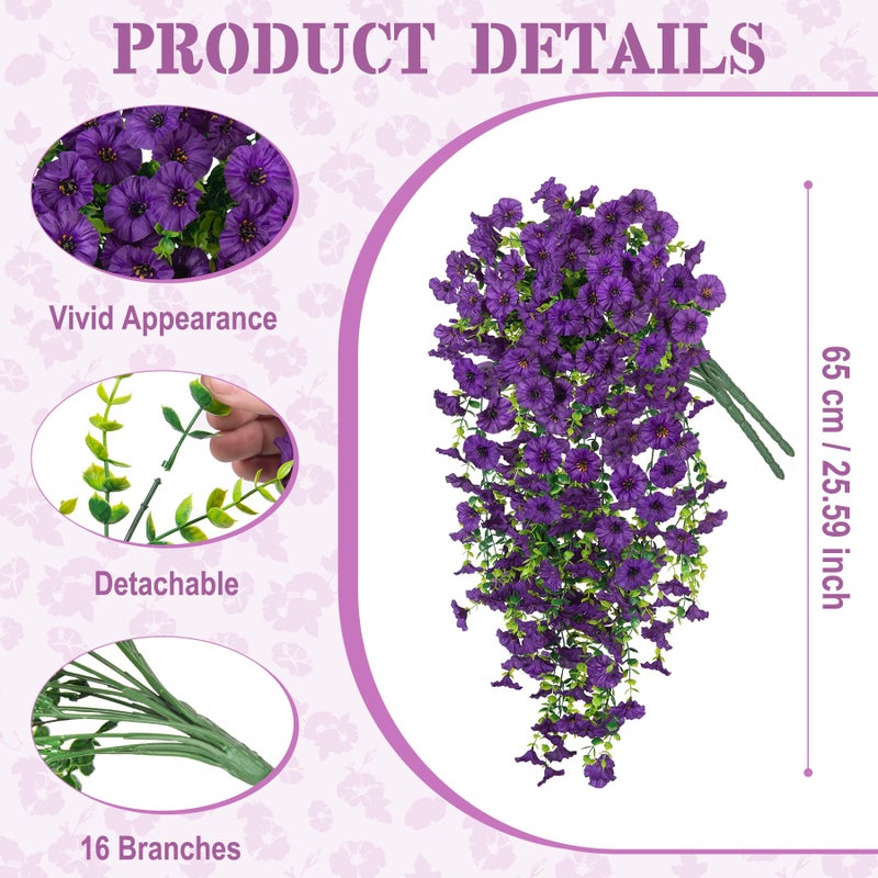 Hrobek Artificial Hanging Petunias Flowers for Outdoor, 2pcs Fake Plants Long Vine Morning Glory Eucalyptus, UV Resistant Realistic Faux Greenery Outside Patio Porch Garden Spring Summer Decor, Dark Purple - Image 2
