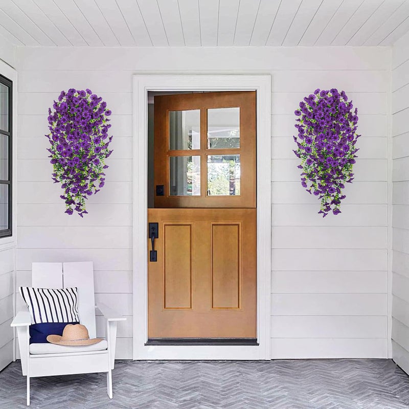 Hrobek Artificial Hanging Petunias Flowers for Outdoor, 2pcs Fake Plants Long Vine Morning Glory Eucalyptus, UV Resistant Realistic Faux Greenery Outside Patio Porch Garden Spring Summer Decor, Dark Purple - Image 5
