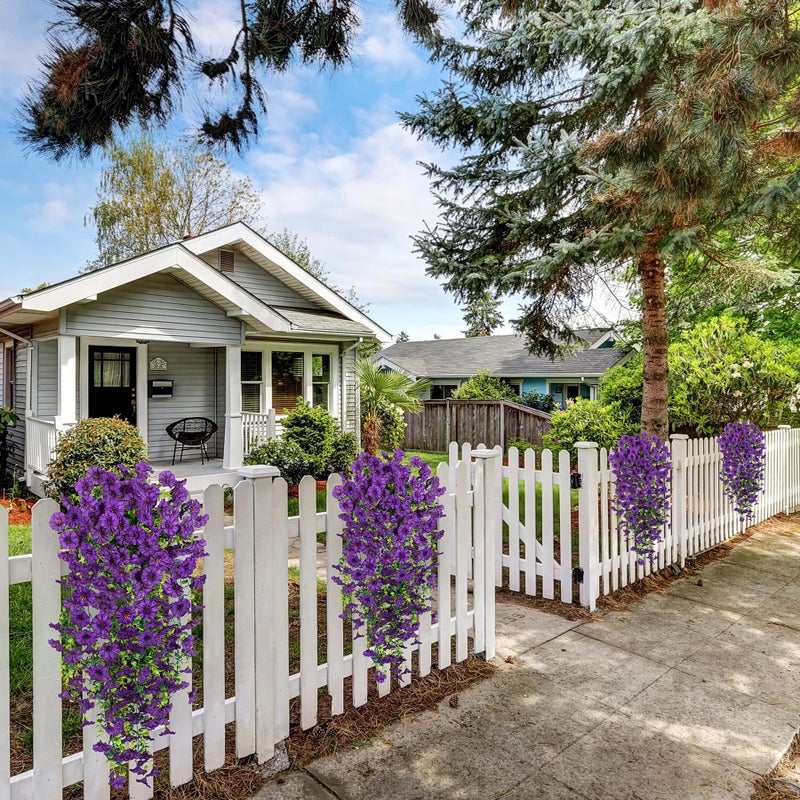 Hrobek Artificial Hanging Petunias Flowers for Outdoor, 2pcs Fake Plants Long Vine Morning Glory Eucalyptus, UV Resistant Realistic Faux Greenery Outside Patio Porch Garden Spring Summer Decor, Dark Purple - Image 3