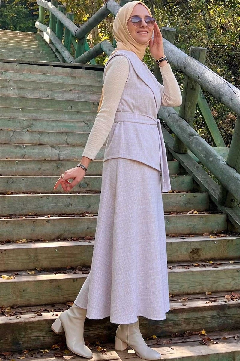 Rabia Şamlı Azize Skirt Vest Set Ecru - Image 3