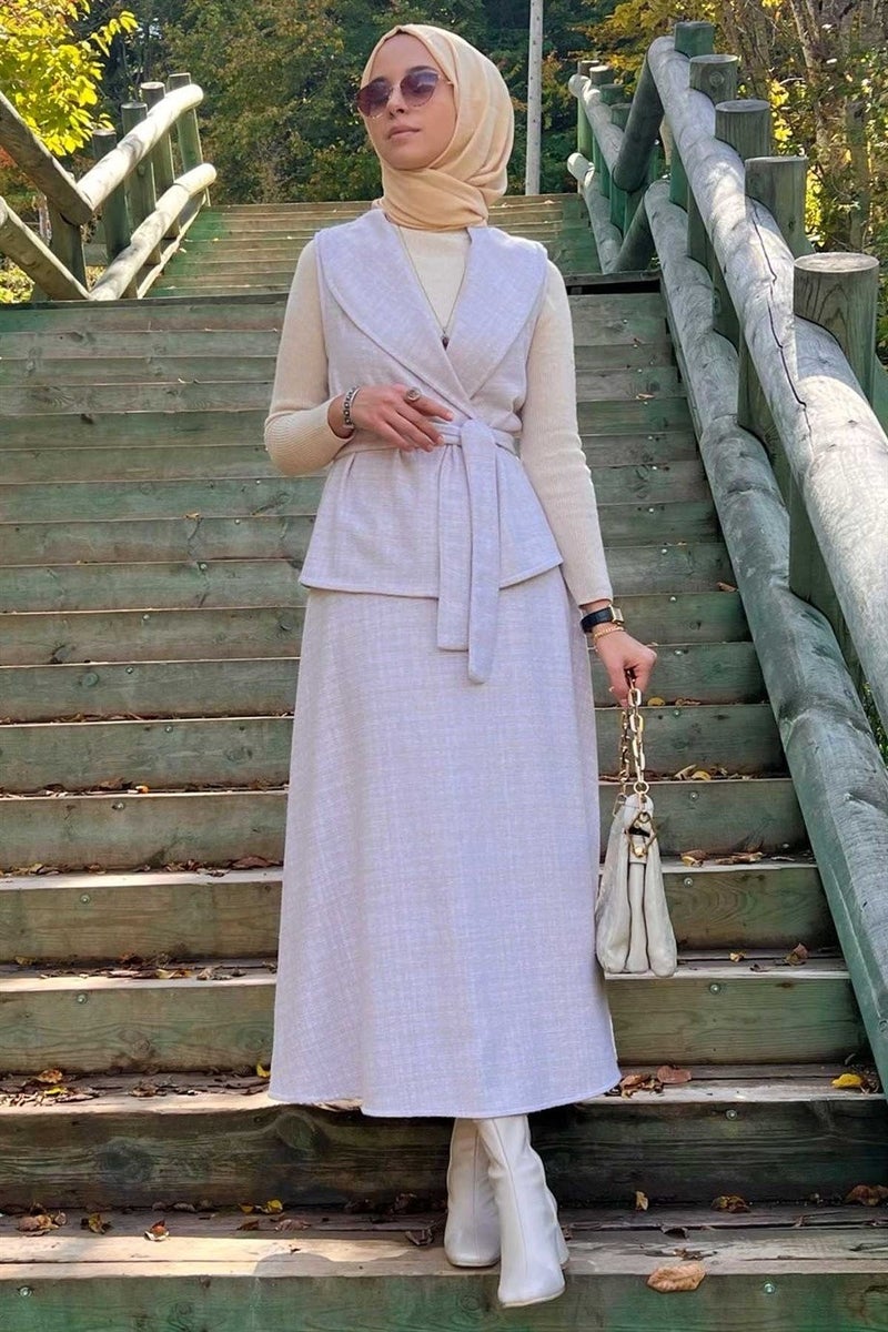 Rabia Şamlı Azize Skirt Vest Set Ecru - Image 4