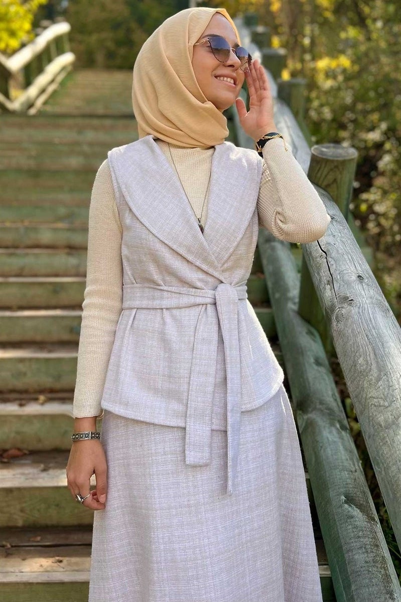 Rabia Şamlı Azize Skirt Vest Set Ecru - Image 2