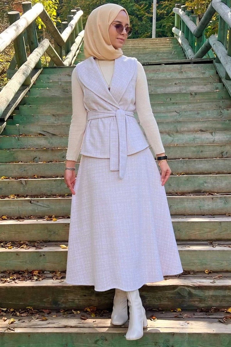 Rabia Şamlı Azize Skirt Vest Set Ecru - Image 5