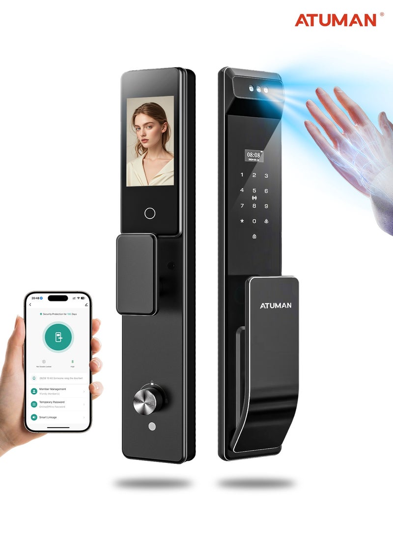 ATuMan Smart Door with Camera,Smart Door Lock,Palm Vein unlock 3D Facial Recognition,Real-Time Monitor,Two-Way Intercom,CNC Material,Tuya WiFi APP Control,Emergency USB Power  - Image 1