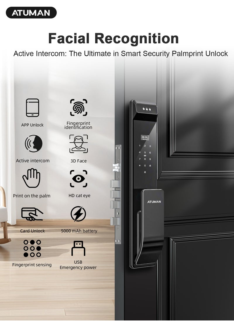 ATuMan Smart Door with Camera,Smart Door Lock,Palm Vein unlock 3D Facial Recognition,Real-Time Monitor,Two-Way Intercom,CNC Material,Tuya WiFi APP Control,Emergency USB Power  - Image 2