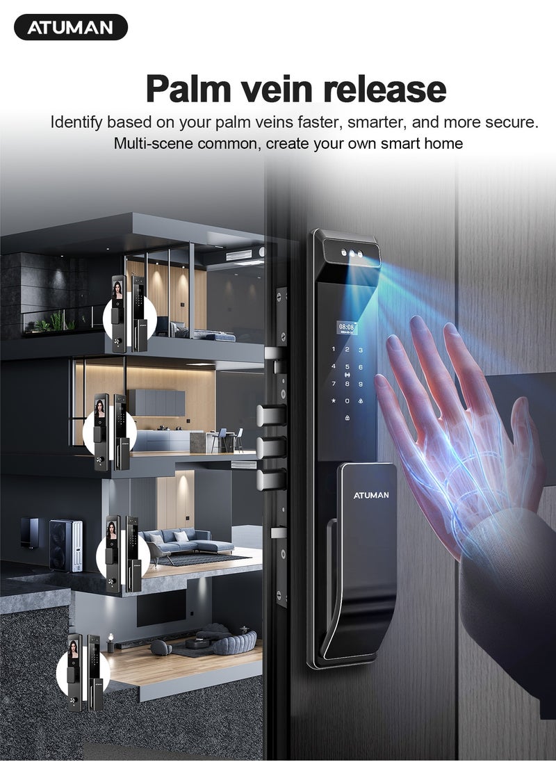 ATuMan Smart Door with Camera,Smart Door Lock,Palm Vein unlock 3D Facial Recognition,Real-Time Monitor,Two-Way Intercom,CNC Material,Tuya WiFi APP Control,Emergency USB Power  - Image 4