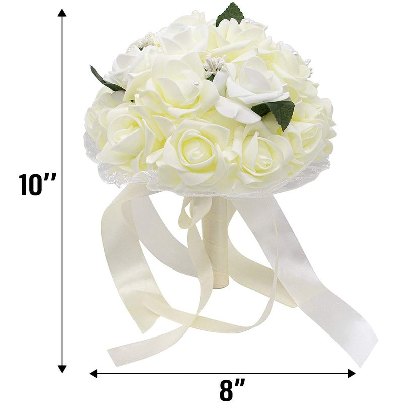 AUEAR, Wedding Bouquets Flower Bridal Bridesmaid Pearl Silk Artificial Fake Rose for Bride Party and Church (Beige) - Image 2