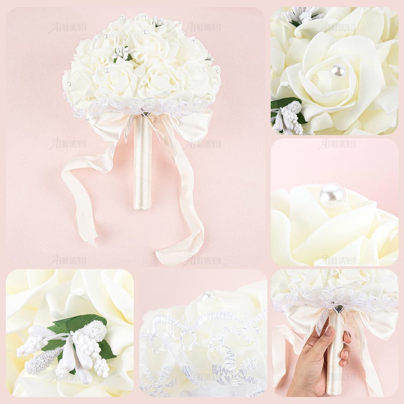 AUEAR, Wedding Bouquets Flower Bridal Bridesmaid Pearl Silk Artificial Fake Rose for Bride Party and Church (Beige) - Image 3