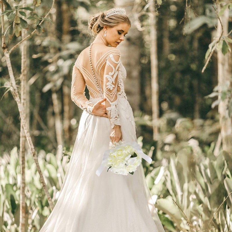 AUEAR, Wedding Bouquets Flower Bridal Bridesmaid Pearl Silk Artificial Fake Rose for Bride Party and Church (Beige) - Image 5