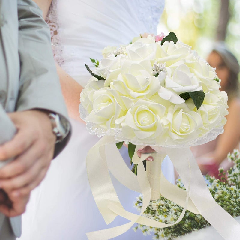 AUEAR, Wedding Bouquets Flower Bridal Bridesmaid Pearl Silk Artificial Fake Rose for Bride Party and Church (Beige) - Image 4