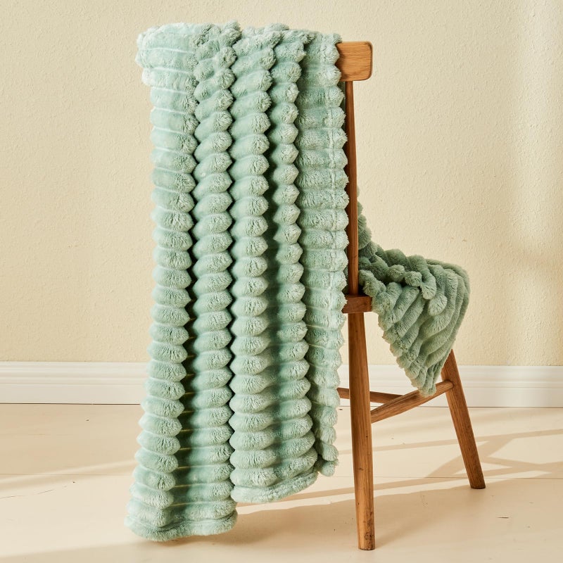 NEWCOSPLAY Super Soft Twin Blanket New Sage Green Premium Silky Flannel Fleece 3D Ribbed Jacquard Lightweight Bed Blanket All Season Use (New Sage Green Ribbed  Twin(60""x80"")) - Image 1