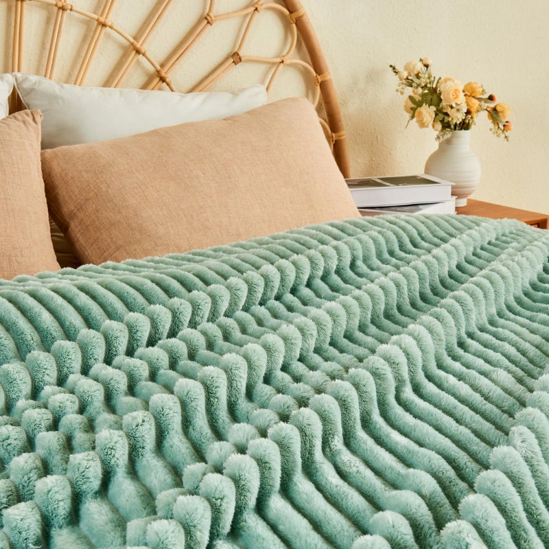 NEWCOSPLAY Super Soft Twin Blanket New Sage Green Premium Silky Flannel Fleece 3D Ribbed Jacquard Lightweight Bed Blanket All Season Use (New Sage Green Ribbed  Twin(60""x80"")) - Image 4