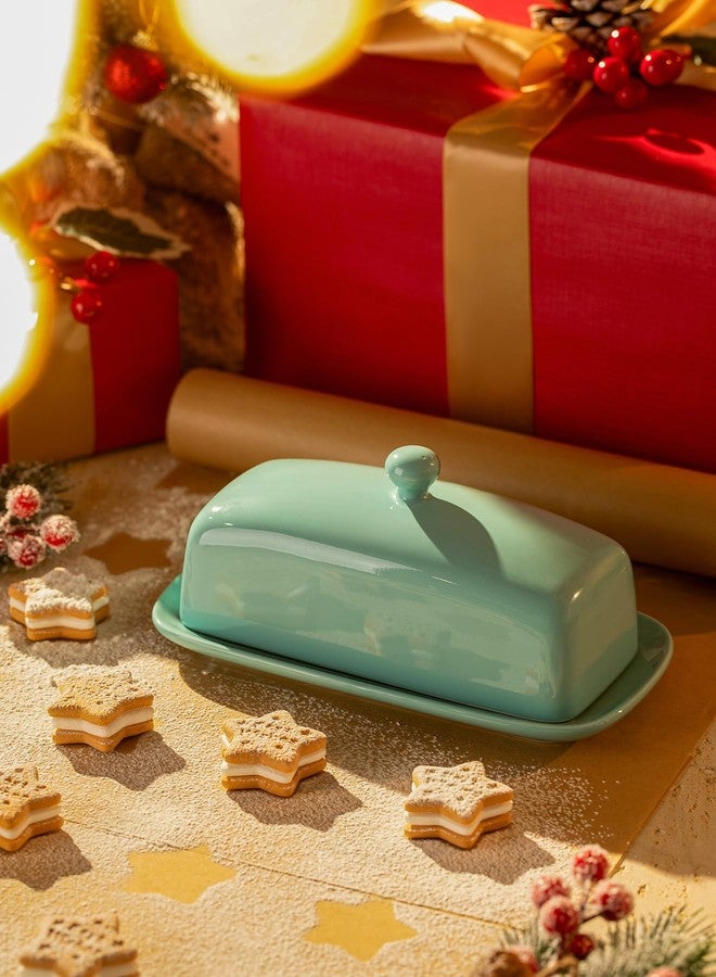 Sweese Butter Dish with Lid, Porcelain Butter Keeper, 7.8 Inch Butter Holder with Handle Cover, Butter Container Perfect for East West Coast Butter, Turquoise - Image 3