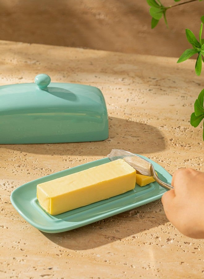 Sweese Butter Dish with Lid, Porcelain Butter Keeper, 7.8 Inch Butter Holder with Handle Cover, Butter Container Perfect for East West Coast Butter, Turquoise - Image 5