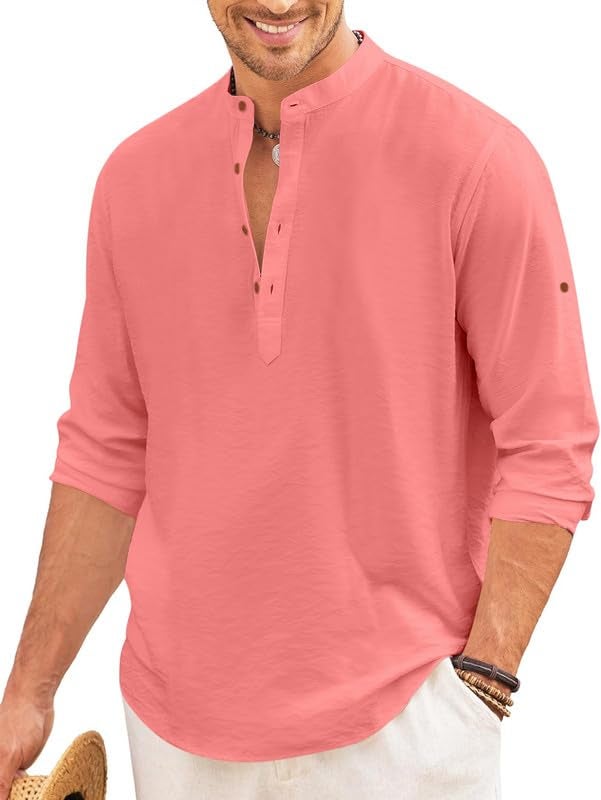 Macsivo Men's Cotton Blend Henley Short Kurta with Mandarin Collar Long Sleeeve Button Closure Curved Hem Regular Fit | Kurta for Men Stylish Peach - Image 1