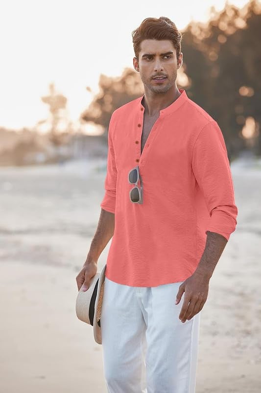 Macsivo Men's Cotton Blend Henley Short Kurta with Mandarin Collar Long Sleeeve Button Closure Curved Hem Regular Fit | Kurta for Men Stylish Peach - Image 4