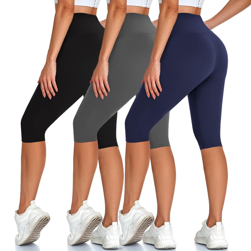 Hi Clasmix High Waisted 3 Pack Women's Capri Pants - Knee Length Yoga Shorts, Biker Workout Leggings for Women,Summer Activewear Black/Grey/Navy - Image 1