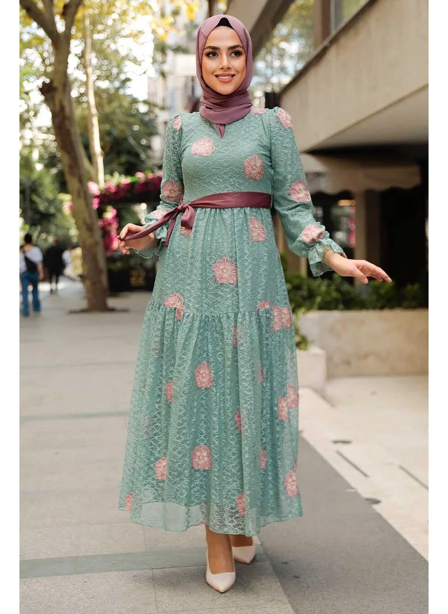 Neva Style - Flower Patterned Green Hijab Dress 1216CY