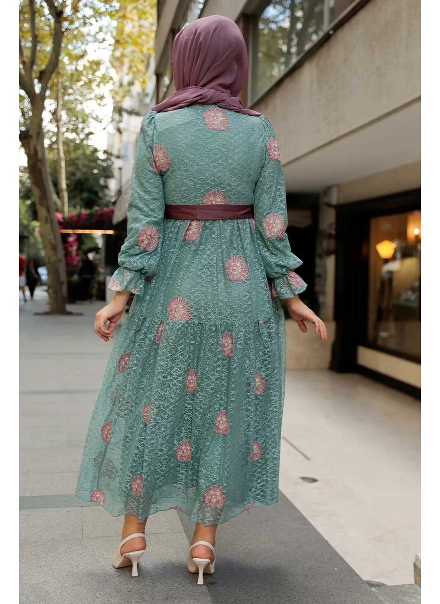 Neva Style - Flower Patterned Green Hijab Dress 1216CY