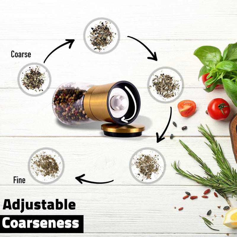PJCKitchen مجموعة مطحنة الملح والفلفل الفاخرة - سعة 5 أونصات، من الفولاذ المقاوم للصدأ الذهبي - أوعية تحريك التوابل S&P - مطحنة يدوية قابلة لإعادة التعبئة ويمكن تعديل درجة خشونتها للتوابل والنكهات - من PJC-Kitchen - Image 4
