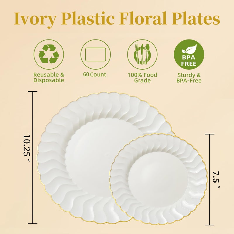 LULLABY 60 Pack Ivory Scalloped Plastic Plates with Gold Rim  Disposable Elegant Plates Include 30pcs Dinner Plates 10.25""  30pcs Plastic Dessert Plates 7.5""  Perfect for Thanksgiving  Christmas and Party - Image 2