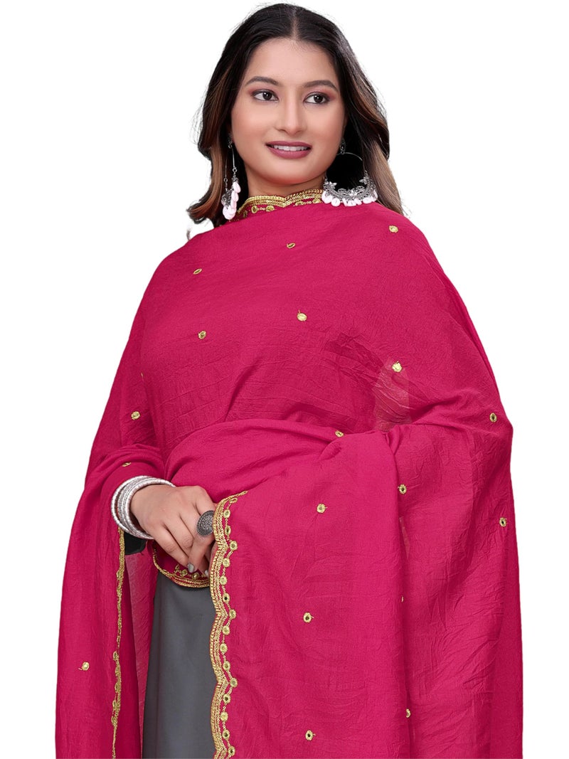 KEMZA Vintage Dupatta Vichitra Silk Embroidered Mirror Work Floral Butti Design with Embroidered Border for Women (Pink, Free Size) - Image 2