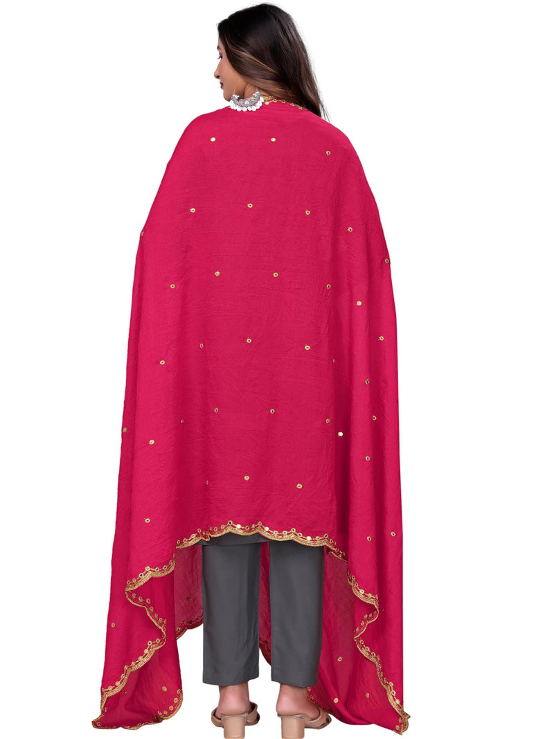 KEMZA Vintage Dupatta Vichitra Silk Embroidered Mirror Work Floral Butti Design with Embroidered Border for Women (Pink, Free Size) - Image 4