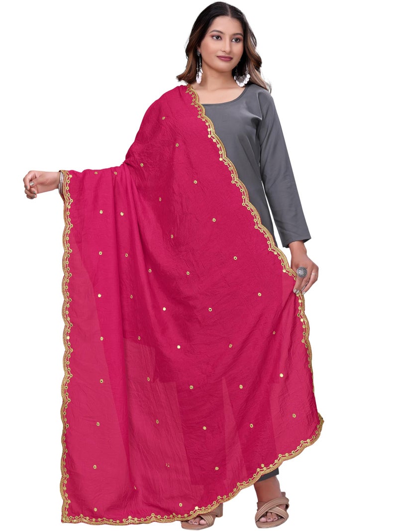 KEMZA Vintage Dupatta Vichitra Silk Embroidered Mirror Work Floral Butti Design with Embroidered Border for Women (Pink, Free Size) - Image 1