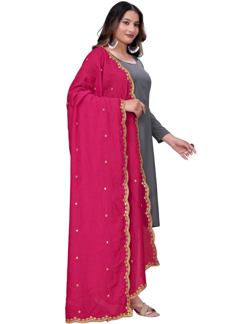 KEMZA Vintage Dupatta Vichitra Silk Embroidered Mirror Work Floral Butti Design with Embroidered Border for Women (Pink, Free Size) - Image 3