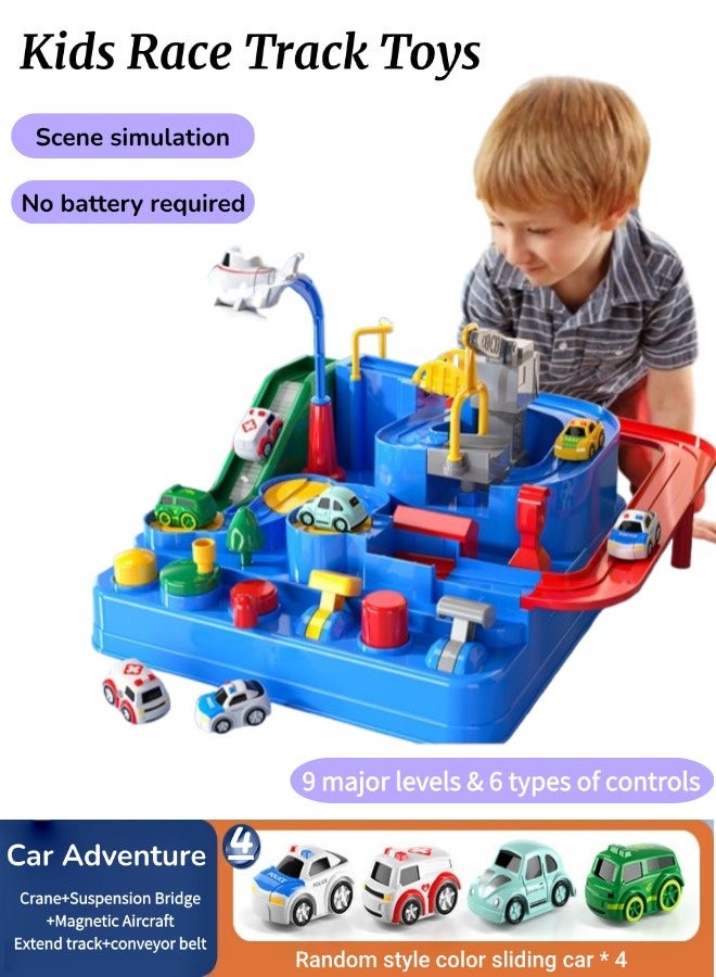 Kids Race Track Toys, Cartoon Car Big Adventure Puzzle Rail Car, City Rescue Toy with 4 Mini Cars, Preschool Educational Birthday Gifts, Vehicles Toy Set for 3+ Kids Boys Girls (Blue)  - Image 1