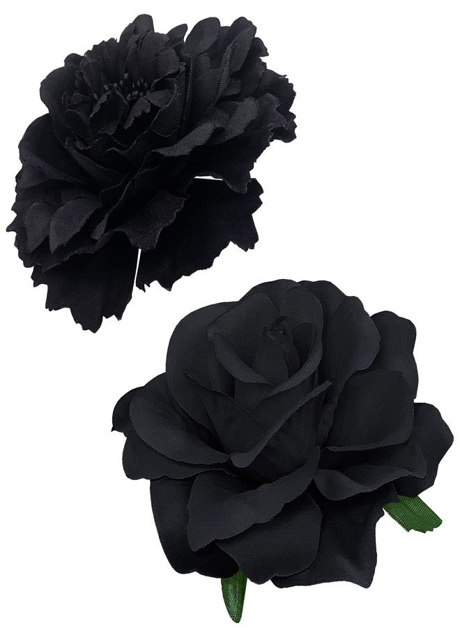 BETITETO Large Floral Hair Accessory Set - Includes 4 Peony and 4 Rose Barrette Hair Clips for Flamenco Dance, Beach Party, Wedding (Black) - Image 3